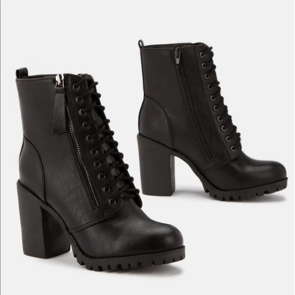 Black Lace Up High Chunky Heel Combat Boots - Picture 6 of 14
